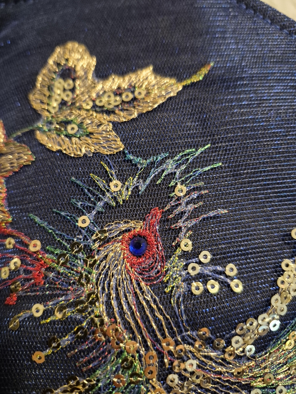 "Ella And Elly" Dark Blue Peacock Sequined Embroidered Tote Shoulder Bag - Picture 5 of 12